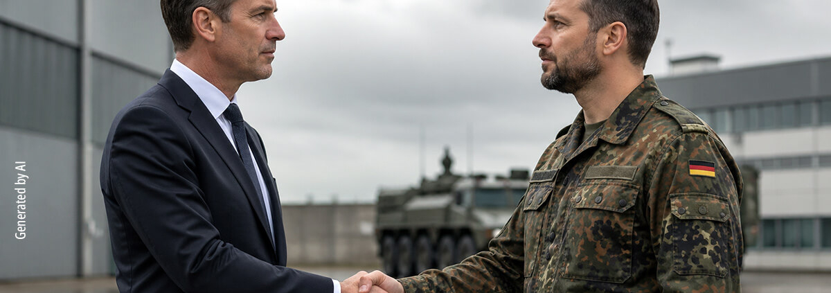 Geschäftsmann und Bundeswehr-Angehöriger geben sich die Hand. Generated by AI.