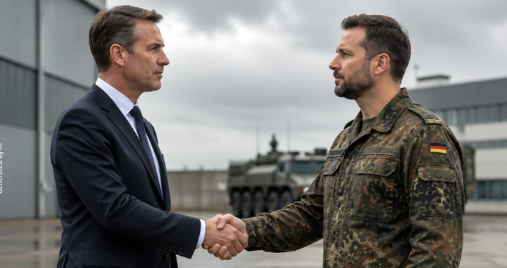 Geschäftsmann und Bundeswehr-Angehöriger geben sich die Hand. Generated by AI.